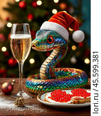 A cute snake, the symbol of 2025 according to the Eastern calendar, red caviar and a glass of champagne. The snake symbolizes wisdom, vitality, immortality and healing powers. Festive atmosphere of the New Year. Стоковое AI-изображение, AI-художник Сергей Елизарьев / Фотобанк Лори