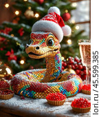 A cute snake, the symbol of 2025 according to the Eastern calendar, red caviar and a glass of champagne. The snake symbolizes wisdom, vitality, immortality and healing powers. Festive atmosphere of the New Year. Стоковое AI-изображение, AI-художник Сергей Елизарьев / Фотобанк Лори