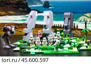 RUSSIA, April 17, 2018. Constructor Lego Star Wars. Squad of stormtroopers and Darth Vader on Easter Island. Редакционное фото, фотограф Андрей Аркуша / Фотобанк Лори
