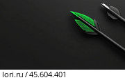 Two arrows with green fletching on a sleek black background, AI. Стоковое AI-изображение, AI-художник Сергей Старуш / Фотобанк Лори