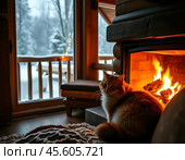 Зимний уют: кот у камина. Стоковое AI-изображение, AI-художник Alexey Mizko / Фотобанк Лори