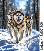 The Siberian Husky is a specialized breed of dog bred by the Chukchi people of northeastern Siberia. This aboriginal sled dog of the Far East is one of the oldest dog breeds. Стоковое AI-изображение, AI-художник Сергей Елизарьев / Фотобанк Лори