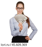 Girl in glasses with a fan of dollars. Стоковое фото, фотограф Дмитрий Киселёв / Фотобанк Лори