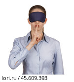 Young woman blindfolded calls for silence. Стоковое фото, фотограф Дмитрий Киселёв / Фотобанк Лори