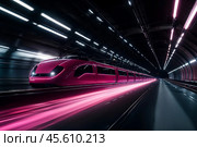 Abstract futuristic pink train speeding moving on high speed track in dark night tunnel, fast motion. High-tech future urban transport. Express transportation passengers concept. Copy ad text space. Стоковое AI-изображение, AI-художник Aleksandr Golubev / Фотобанк Лори