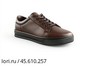 Dark brown leather lace-up running shoes with low tops, thick soles. The laces and black rubber outsole. Sporty look. Men to wear during outdoor activities, hiking. Brown shoes. Trendy Male Boots Pair. Стоковое AI-изображение, AI-художник Марина Демидюк / Фотобанк Лори