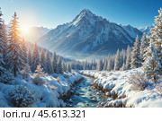 Зимний пейзаж с незамерзающим горным ручьем. Winter landscape with an unfrozen mountain stream. Стоковое AI-изображение, AI-художник Гер Олег / Фотобанк Лори
