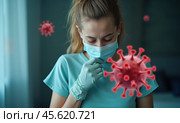 Девушка в окружении вирусов. Концепция болезни. Стоковое AI-изображение, AI-художник Илья Старков / Фотобанк Лори