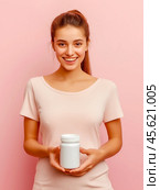 The girl advertises Biologically active additives, medicines. A white jar is in the young woman's hand. Стоковое AI-изображение, AI-художник Ирина Ручушкина / Фотобанк Лори