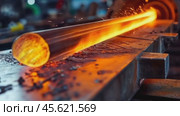 Heated steel rod on a blacksmith's workbench with sparks flying in the background. Стоковое AI-видео, аниматор Ольга Сухарева / Фотобанк Лори