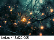 Neurons firing and transmitting signals in the nervous system. Стоковое AI-изображение, AI-художник Иван Рябоконь / Фотобанк Лори