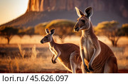 Two kangaroos standing in an Australian outback landscape during golden hour with a blurred background. Australia Day. Стоковое AI-изображение, AI-художник Ольга Сухарева / Фотобанк Лори