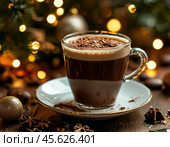 New Year is the smell of home, comfort, the smell of coffee with mulled wine and pine needles. Festive New Year atmosphere. Стоковое AI-изображение, AI-художник Сергей Елизарьев / Фотобанк Лори