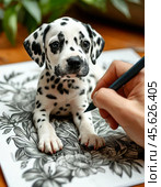A human hand draws a dolmatian puppy. The drawing "comes to life" in volume and turns into a 2D projection. Стоковое AI-изображение, AI-художник Сергей Елизарьев / Фотобанк Лори