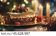 Festive chocolate roll cake with glittering candlelight and bokeh ambiance. Стоковое AI-видео, аниматор Sabyna75 / Фотобанк Лори
