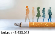Cigarette with Human Silhouettes Fading Into Smoke. Стоковое AI-изображение, AI-художник Margarita Davchenko / Фотобанк Лори