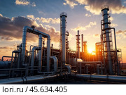 Petroleum industrial factory with pipeline and pipe rack at sunset sky background. Scenery of chemical gas and oil plant, poster. Industrialization and industry technology concept. Copy ad text space. Стоковое AI-изображение, AI-художник Aleksandr Golubev / Фотобанк Лори