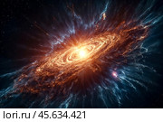 Supernova with exploding stars cosmic shock waves and radiant nebula on night sky, celestial space phenomenon. Perfect background, poster banner. Cosmic science spectacle concept. Copy ad text space. Стоковое AI-изображение, AI-художник Aleksandr Golubev / Фотобанк Лори