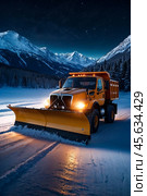 Special equipment snowplow clearing snow from road, snow-covered mountains, starry night. Snow plow tractor clears snow on ski resort, nighttime. Safety winter rustic road concept. Copy ad text space. Стоковое AI-изображение, AI-художник Aleksandr Golubev / Фотобанк Лори