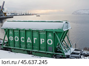 Хоппер - саморазгружающийся крытый железнодорожный вагон бункерного типа. Имеет конусную конфигурацию с люками внизу. Разгрузка происходит на специальных терминалах (галереях), когда открываются люки, и сыпучий груз под тяжестью собственного веса выгружается самотеком в специальное хранилище сыпучих грузов. Кольский залив, Мурманск, территория ММТП (Мурманского морского торгового порта) (2014 год). Редакционное фото, фотограф Павел Просянов / Фотобанк Лори