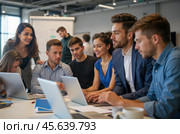 Group of business professionals in modern office, collaborating on project, using laptops, discussing ideas, team meeting, corporate environment, brainstorming solutions, business strategy. Стоковое AI-изображение, AI-художник Павел Муравьев / Фотобанк Лори