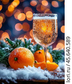 A glass of champagne and tangerines. December 31 is the day of opening Champagne. This is a real holiday, not just New Year's Eve. Стоковое AI-изображение, AI-художник Сергей Елизарьев / Фотобанк Лори