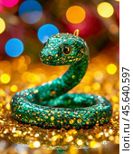 Green snake, symbol of 2025 according to the eastern calendar. The snake symbolizes wisdom, vitality, immortality and healing powers. Tree toy. Стоковое AI-изображение, AI-художник Сергей Елизарьев / Фотобанк Лори