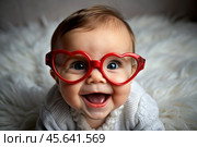 A cute little girl in stylish red heart-shaped glasses, having fun celebrating Valentine's Day. Стоковое AI-изображение, AI-художник Photojuli / Фотобанк Лори