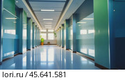 A long bright hallway in a modern building with glass walls and soft lighting, creating an inviting and open environment. Стоковое AI-видео, аниматор Igor Tichonow / Фотобанк Лори