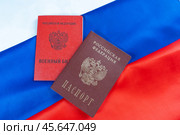 Passport and military id serviceman of a citizen of the Russian Federation on Russian flag. Concept of citizen, mobilization, soldier, army. Translation: Passport, Military ID card, Russian Federation. Стоковое фото, фотограф Мария Паина / Фотобанк Лори