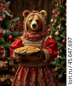 A smart bear in a bright Pavlovo Posad shawl treats New Year's Eve with pancakes and honey. Стоковое AI-изображение, AI-художник Сергей Елизарьев / Фотобанк Лори