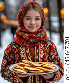 A beautiful girl in a Pavlovo Posad shawl treats with pancakes for Maslenitsa. Pancake week. Стоковое AI-изображение, AI-художник Сергей Елизарьев / Фотобанк Лори
