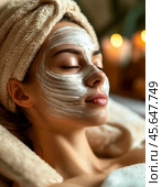 A cleansing clay mask on a girl's face while she lies in a chair. The procedure gently exfoliates dead skin cells, smoothes texture and evens out tone. Стоковое AI-изображение, AI-художник Сергей Елизарьев / Фотобанк Лори