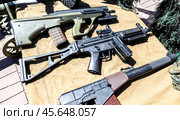 Various russian firearms, assault rifles. Different samples of russian small arms (2024 год). Редакционное фото, фотограф FotograFF / Фотобанк Лори