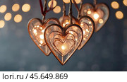 The concept of Valentine's Day, a banner with garlands in the form of hearts and magic lights for a holiday filled with love. A place for the text. Стоковое AI-изображение, AI-художник Photojuli / Фотобанк Лори