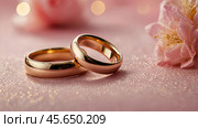 Gold wedding rings on a pink background with a side. Wedding rings. The wedding day. The newlyweds. Стоковое AI-изображение, AI-художник Photojuli / Фотобанк Лори