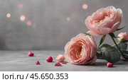 Minimalism. A beautiful pale pink flower on a gray background. The concept of Valentine's Day, Mother's Day and Women's Day. A copy of the space for the text. Стоковое AI-изображение, AI-художник Photojuli / Фотобанк Лори