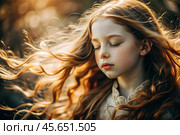 Portrait of a beautiful little red-haired girl with long wavy hair and a thoughtful look. The hair develops and creates a feeling of lightness and naturalness. Стоковое AI-изображение, AI-художник Photojuli / Фотобанк Лори