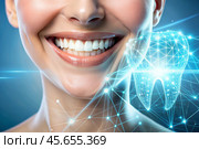 New technologies in dental prosthetics. Implants. Close-up of a smiling woman with a healthy perfect smile. The concept of dental health and dental care. Стоковое AI-изображение, AI-художник Photojuli / Фотобанк Лори