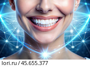 New technologies in dental prosthetics. Implants. Close-up of a smiling woman with a healthy perfect smile. The concept of dental health and dental care. Стоковое AI-изображение, AI-художник Photojuli / Фотобанк Лори