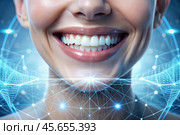 New technologies in dental prosthetics. Implants. Close-up of a smiling woman with a healthy perfect smile. The concept of dental health and dental care. Стоковое AI-изображение, AI-художник Photojuli / Фотобанк Лори