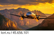 Turboprop airplane flying over zion national park at sunset. Стоковое AI-изображение, AI-художник Юрий Поздников / Фотобанк Лори