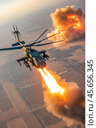 Military helicopter firing rockets and causing explosion. Стоковое AI-изображение, AI-художник Юрий Поздников / Фотобанк Лори