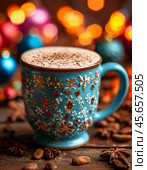 All over the world, December 13 is celebrated as World Hot Cocoa Day. This delicious drink is loved for its thick, rich taste and is valued for its wealth of useful microelements. Стоковое AI-изображение, AI-художник Сергей Елизарьев / Фотобанк Лори