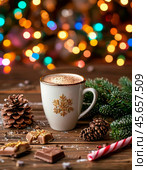 All over the world, December 13 is celebrated as World Hot Cocoa Day. This delicious drink is loved for its thick, rich taste and is valued for its wealth of useful microelements. Стоковое AI-изображение, AI-художник Сергей Елизарьев / Фотобанк Лори