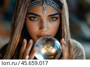 Beautiful young brunette woman with bright make-up and bijouterie holding crystal ball. Стоковое AI-изображение, AI-художник Евгений Харитонов / Фотобанк Лори