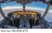 Airplane cockpit flying over sunset clouds. Стоковое AI-видео, аниматор Юрий Поздников / Фотобанк Лори