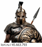 Powerful spartan warrior holding spear and shield, ready for battle. Стоковое AI-изображение, AI-художник Иван Рябоконь / Фотобанк Лори