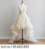 Elegant wedding dress displayed on mannequin, showing high low hemline and lace details. Стоковое AI-изображение, AI-художник Иван Рябоконь / Фотобанк Лори