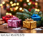 New Year gifts in bright shiny holiday boxes under the New Year tree. New Year and Christmas. New Year festive atmosphere. Стоковое AI-изображение, AI-художник Сергей Елизарьев / Фотобанк Лори